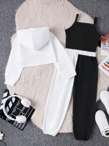 SHEIN 女小童字母圖案不對稱下擺連帽衫&吊帶上衣和運動褲 - 黑與白 - 查看 2