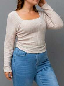 SHEIN EZwear Hơn Cổ vuông Viền ven Áo thun - Màu be - Xem 1