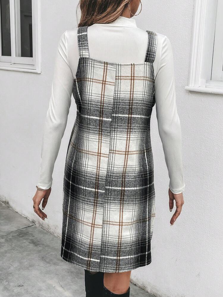 Plaid Print Overall Dress & Tee