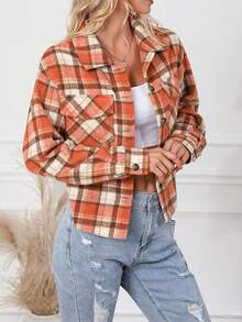 Orange Plaid Button-front Flap Pocket Jacket - Orange - View 4