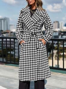 RueChic Houndstooth Print Belted Overcoat - Black and White - View 6