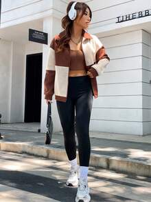 SHEIN Unity Khối màu Dây kéo Thả vai Áo nỉ - màu nâu - Xem 5
