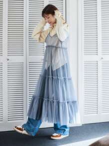 FRIFUL 1件荷邊蕾絲連身裙 - 藍色 - 查看 1