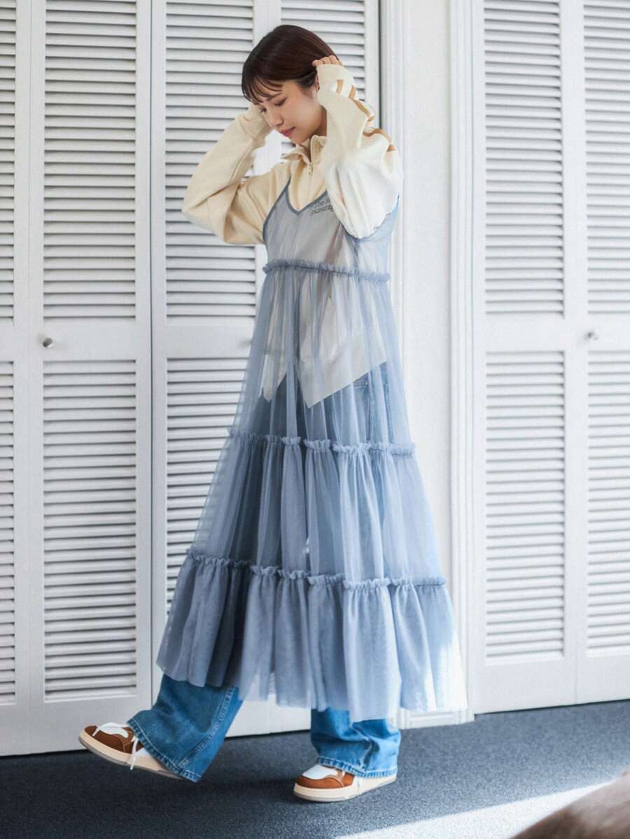 FRIFUL 1件荷邊蕾絲連身裙 - 藍色 - 查看 1