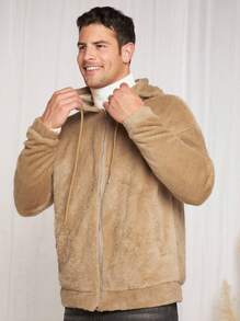 Manfinity VCAY Loose Fit Men's Zip Up Drawstring Hooded Teddy Jacket - Khaki - View 5