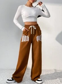 SHEIN Unity Đồ họa Chữ cái Eo dây rút Quần ống rộng - Cà phê nâu - Xem 4