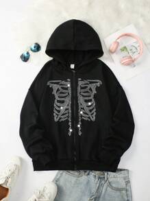 SHEIN Sudadera con cremallera con gráfico de esqueleto de strass para adolescentes - Negro - Ver 1