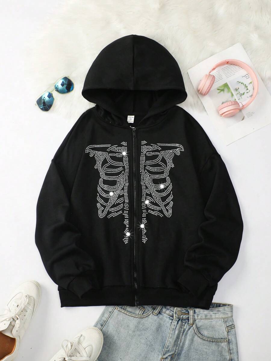 SHEIN Sudadera con cremallera con gráfico de esqueleto de strass para adolescentes - Negro - Ver 1