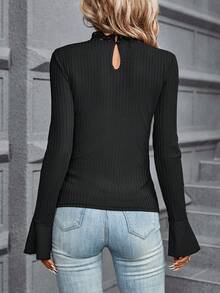 SHEIN Clasi 水溶蕾絲拼接喇叭袖T恤 - 黑色 - 查看 2