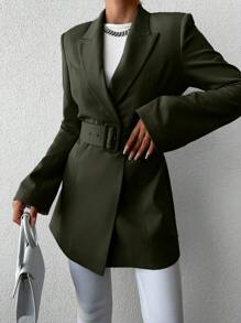 EURMUSE Women's Long Sleeve Belted Suit Jacket - Olive Green - View 3