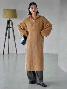 FRIFUL Half Zip Drop Shoulder Sweater Dress - Khaki - View 8