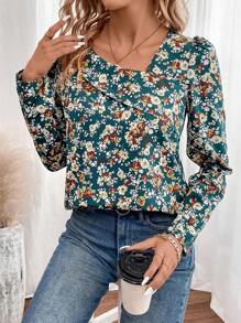 SHEIN LUNE Floral Print Asymmetrical Neck Blouse - Green - View 1
