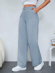 SHEIN Cottnline Solid Color Straight-leg Women's Suit Pants - Baby Blue - View 5