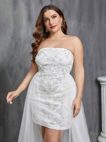Plus Floral Jacquard Mesh Overlay Tube Wedding Dress - White - View 4