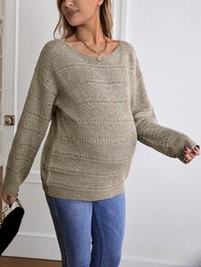 SHEIN Thai sản Dệt kim chấm bi Thả vai Áo len - Màu be - Xem 6