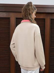 SHEIN EZwear Letter Patched Detail Contrast Collar Kangaroo Pocket Drop Shoulder Half Zip Sweatshirt - Beige - View 2