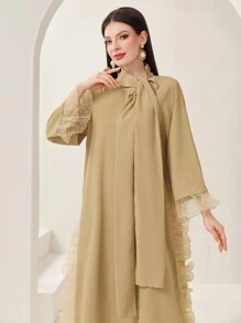 Al Najma Women's Sheer Mesh Ruffle Edge Draped Kaftan - Khaki - View 5