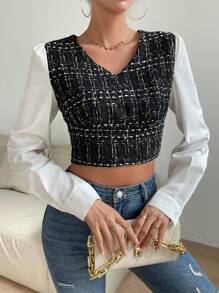SHEIN ChicEase 格紋印花拉鏈開襟後短款襯衫 - 黑與白 - 查看 4