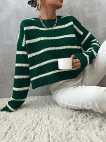 EURMUSE 條紋落肩休閒毛衣 - 綠色 - 查看 1