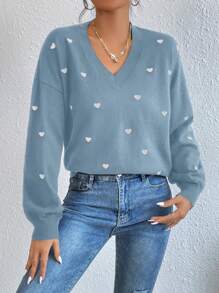 EURMUSE Heart Pattern Drop Shoulder V Neck Sweater - Blue - View 7