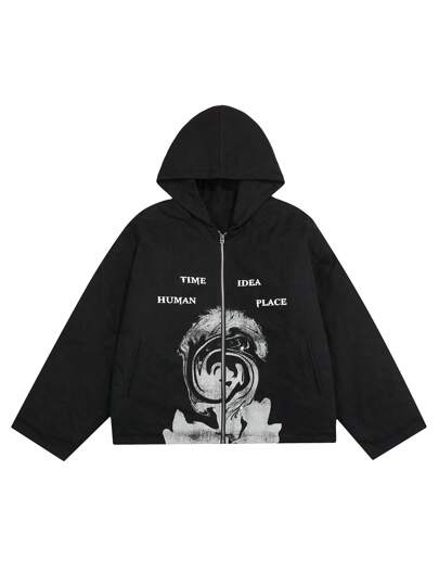 Men Letter & Figure Graphic Zip Up Hooded Coat