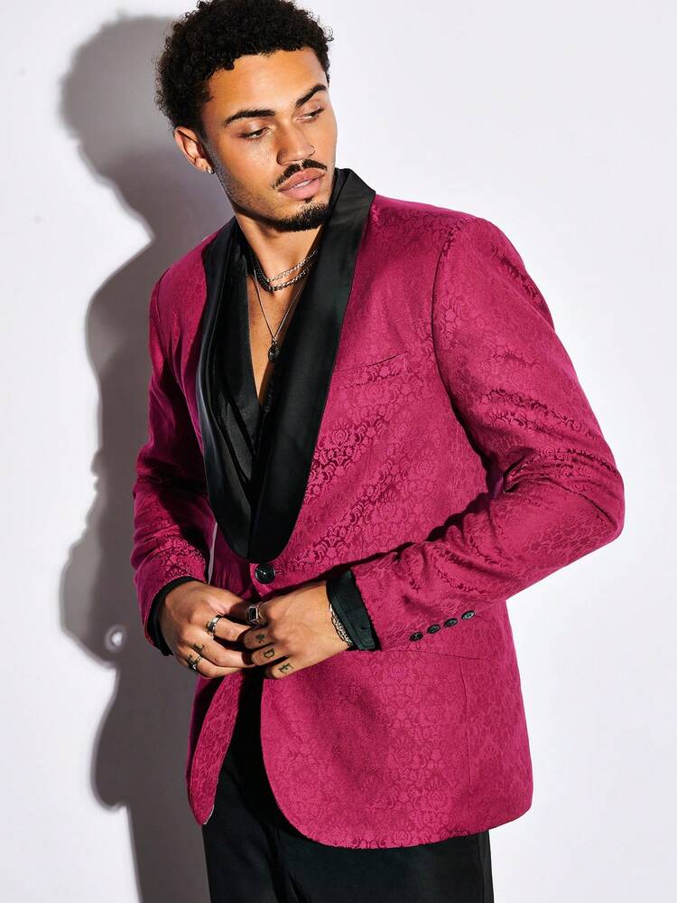 Men Shawl Collar Jacquard Blazer & Suit Pants Set