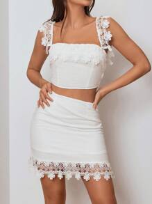 RueChic Guipure Lace Panel Wide Straps Top & Bodycon Skirt - White - View 1