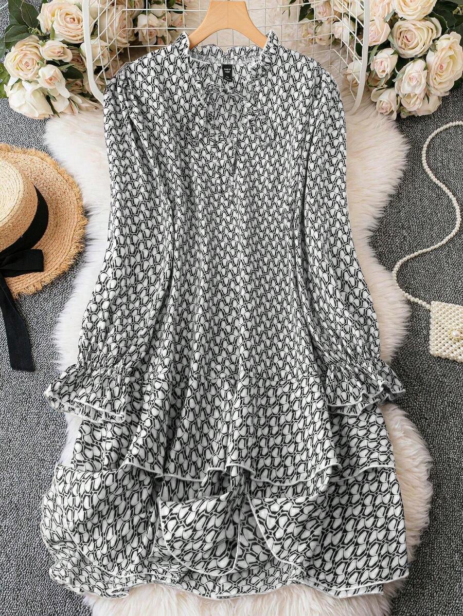 SHEIN LUNE Plus Allover Print Flounce Sleeve Dress - Multicolor - View 1