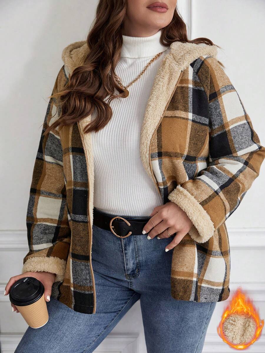 SHEIN LUNE Áo khoác trùm đầu lót vải kẻ caro Plus Teddy cho mùa đông - Nhiều màu - Xem 1