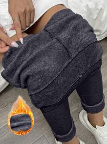 SHEIN Essnce Solid Thermal Lined Leggings - Navy Blue - View 8