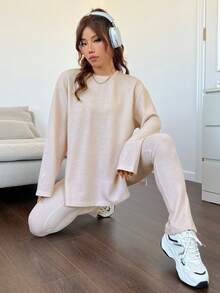 SHEIN EZwear 落肩袖下擺開叉T恤和緊身褲 - 卡其色 - 查看 5