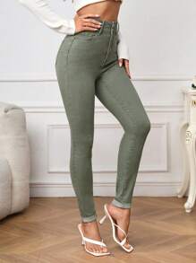 SHEIN Tall 女款修身牛仔褲，適合高個女性 - 橄欖綠 - 查看 5