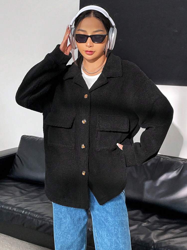 Solid Color Drop Shoulder Turn-down Collar Flap Pocket Coat