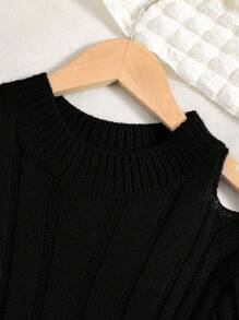 SHEIN Tween Girl Cold Shoulder Ribbed Knit Sweater Dress - Black - View 4