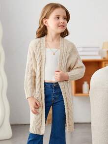 女小童麻花編織落肩袖開襟開衫 - 卡其色 - 查看 3