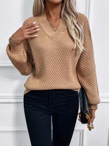 SHEIN LUNE Jersey unicolor de hombros caídos de cuello V - Caqui - Ver 3