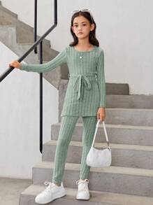 SHEIN Tween Girl Solid Belted Tee & Leggings - Olive Green - View 1