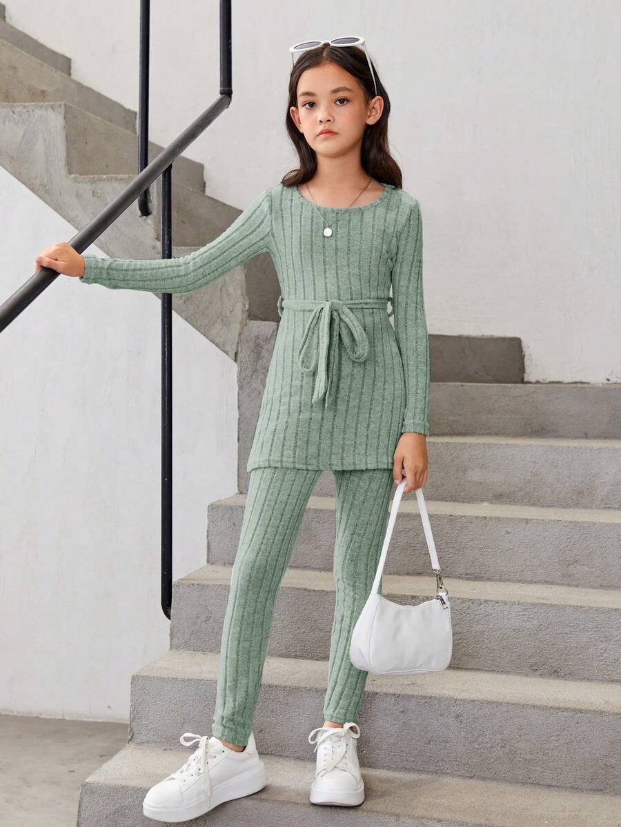 SHEIN Tween Girl Solid Belted Tee & Leggings - Olive Green - View 1