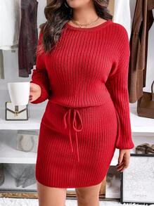 Calvaya Talla grande Vestido de punto de hombros caídos de cintura con cordón - Rojo - Ver 4