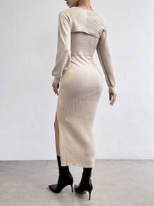 Chiquease Women's Solid Color Lantern Sleeve Cape And High Slit Sweater Dress - Camel - View 2