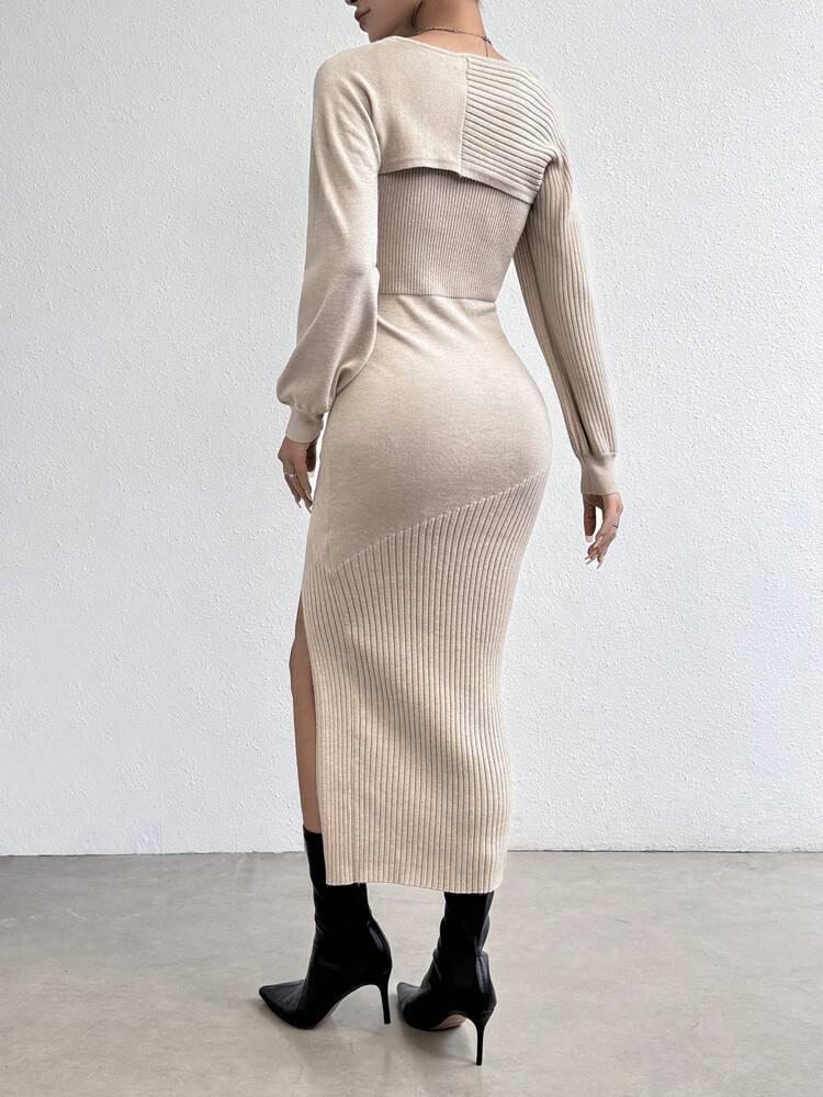 Women's Solid Color Lantern Sleeve Cape And High Slit Sweater Dress