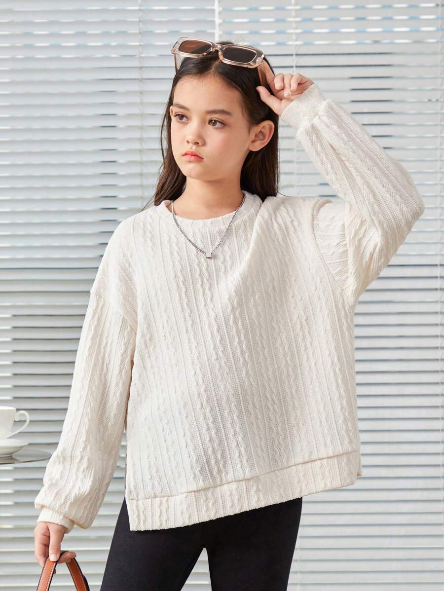SHEIN 女大童素色落肩袖下擺開叉套頭衫 - 杏色 - 查看 1