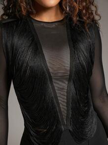 SHEIN BAE Top With Tassel Decoration, Long Sleeves - Black - View 6