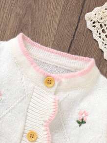 Baby Girls' Flower Embroidered Knitted Jumpsuit - White - View 3