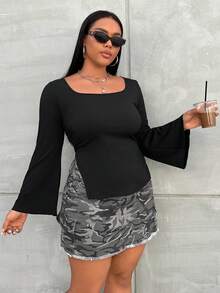 Flirla Plus Flare Sleeve Split Hem Tee - Black - View 6