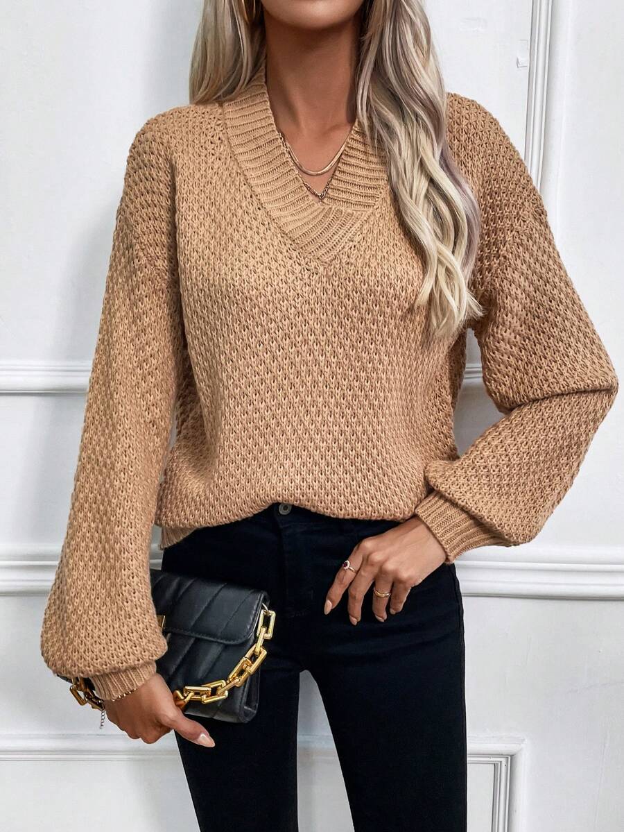 SHEIN LUNE Jersey unicolor de hombros caídos de cuello V - Caqui - Ver 1