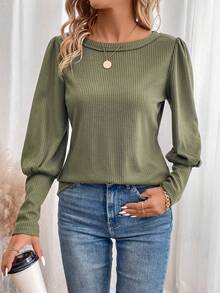 SHEIN LUNE Chi tiết Nút Tay áo Áo thun - màu xanh lá - Xem 4