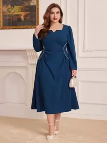 Modelyn Plus Notched Neckline Rhinestone Detail Dress - Teal Blue - View 6