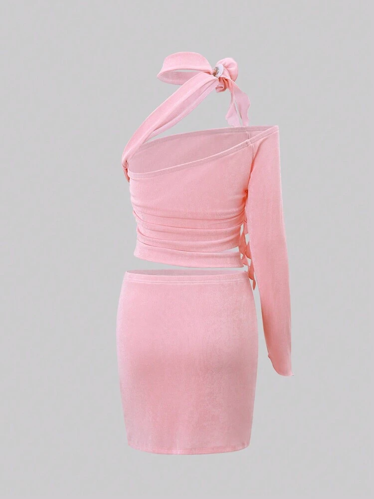 Asymmetrical Neck Stereo Flower Ruched Side Crop Top & Bodycon Skirt Fall Cloth For Women