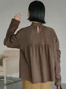 FRIFUL Blusa con cuello alto, manga raglán fruncida, ropa de otoño con manga larga